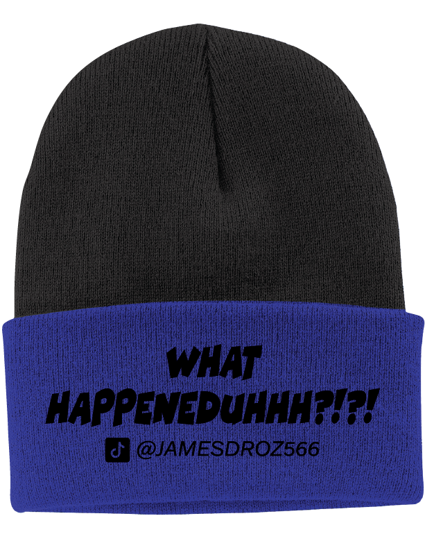 James Droz “What HAPPENEDDUHHH?!?!” Beanie in Black with Royal Blue Brim, jamesdrozmerch.shop
