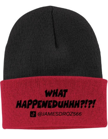 James Droz “What HAPPENEDDUHHH?!?!” Beanie in Black with Red Brim, jamesdrozmerch.shop