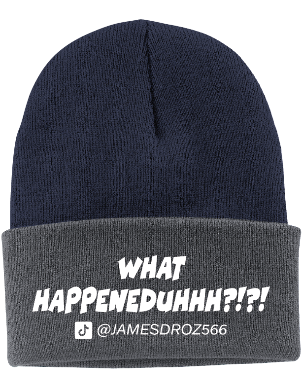 James Droz “What HAPPENEDDUHHH?!?!” Beanie in Navy with Graphite Brim, jamesdrozmerch.shop