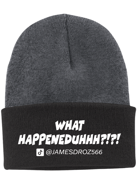 James Droz “What HAPPENEDDUHHH?!?!” Beanie in Graphite with Black Brim, jamesdrozmerch.shop