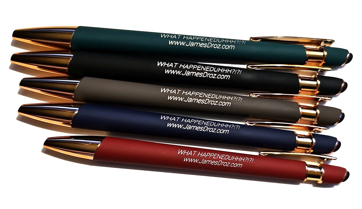 James Droz “What Happeneduhhh?!?!” Engraved Alpha Stylus Pen – Rose Gold Trim, Blue Ink, jamesdrozmerch.shop