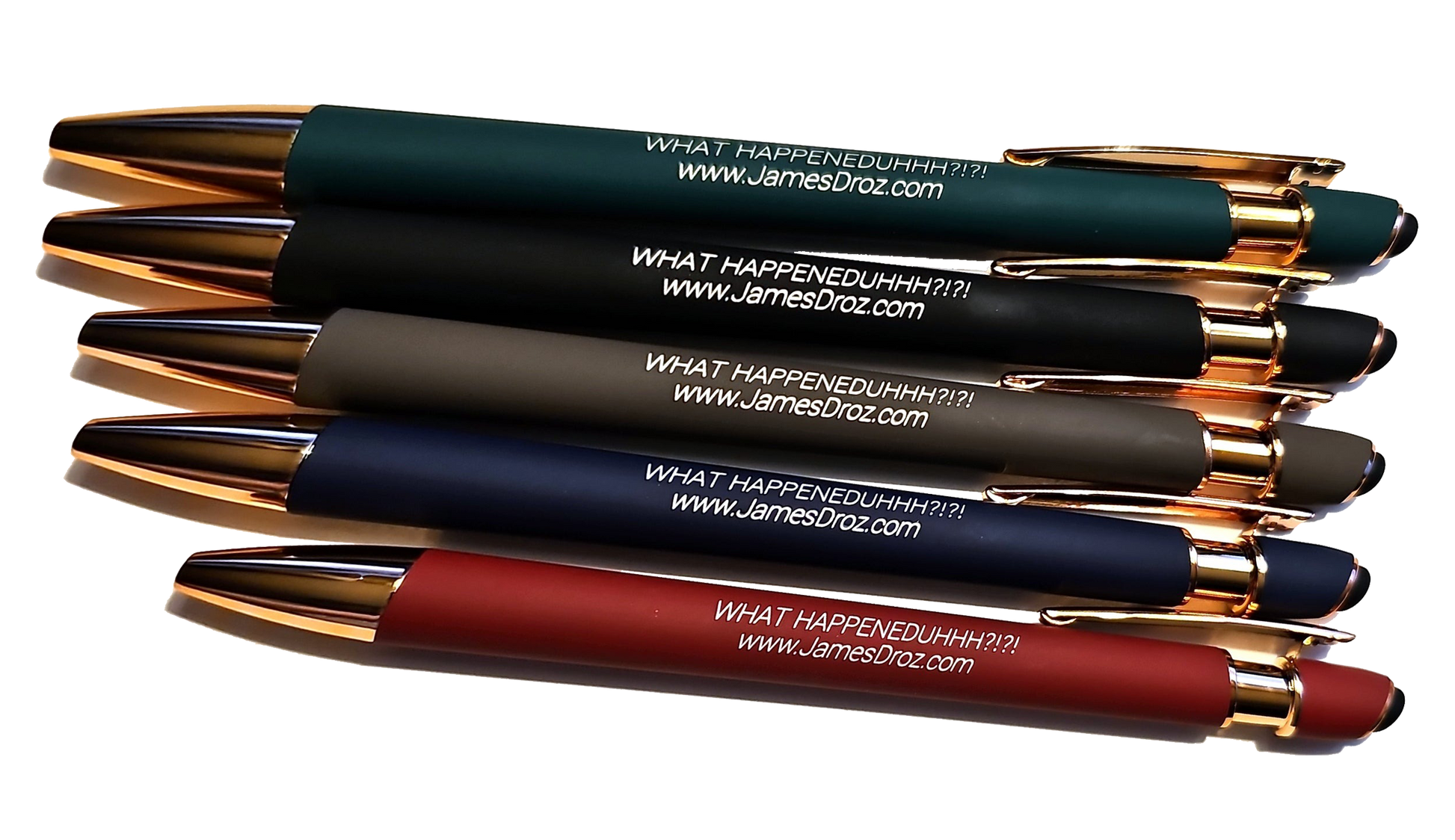 James Droz “What Happeneduhhh?!?!” Engraved Alpha Stylus Pen – Rose Gold Trim, Blue Ink, jamesdrozmerch.shop