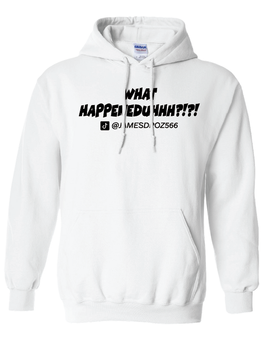 James Droz WHAT HAPPENEDUHHH?!?! Adult Hoodie, white with black logo, jamesdrozmerch.shop