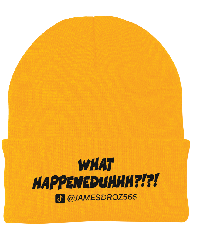 James Droz “What HAPPENEDDUHHH?!?!” Beanie in Yellow with black logo, jamesdrozmerch.shop