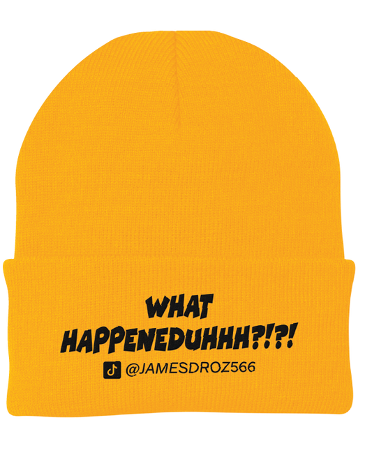 James Droz “What HAPPENEDDUHHH?!?!” Beanie in Yellow with black logo, jamesdrozmerch.shop