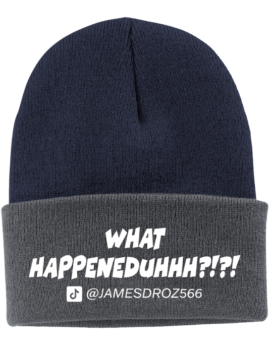 James Droz “What HAPPENEDDUHHH?!?!” Beanie in Navy with Graphite Brim, jamesdrozmerch.shop