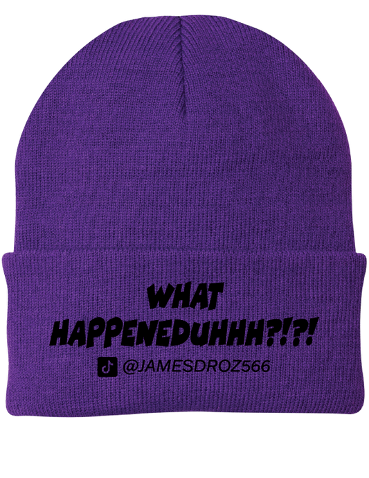 James Droz “What HAPPENEDDUHHH?!?!” Beanie in Purple with black type, jamesdrozmerch.shop