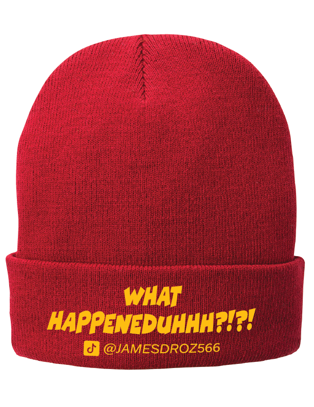 James Droz “What HAPPENEDDUHHH?!?!” Beanie in Red with Yellow type jamesdrozmerch.shop