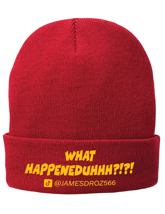 James Droz “What HAPPENEDDUHHH?!?!” Beanie in Red with Yellow type jamesdrozmerch.shop