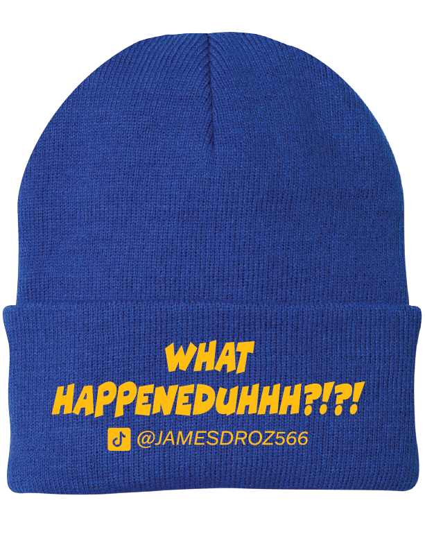 James Droz “What HAPPENEDDUHHH?!?!” Beanie in Royal Blue with Yellow type, jamesdrozmerch.shop