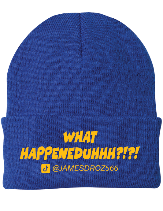 James Droz “What HAPPENEDDUHHH?!?!” Beanie in Royal Blue with Yellow type, jamesdrozmerch.shop